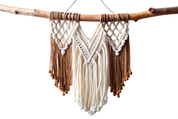  white and brown macrame hanging from a wooden bran  isolated on white background PNG,AI GENERATED