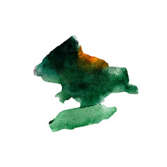 A beautiful watercolor representation of New York showcases the state&rsquo;s natural features, emphasizing forested areas and water bodies with rich green and orange tones, indicative of fall.