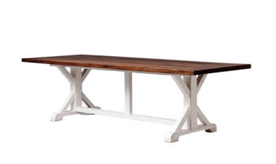 Wooden dining table with white legs.  Dark brown tabletop,  simple X-shaped  supports