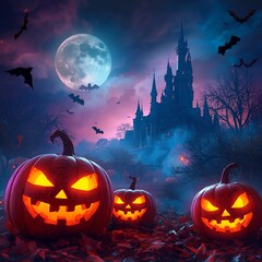 Colorful Halloween banner with glowing pumpkins flying bats haunted castle full moon fog and spooky atmosphere