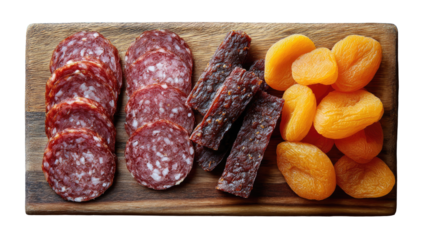 Sliced salami, beef jerky, and dried apricots on a wooden board