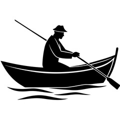 Fototapeta premium Fisherman rowing boat on water silhouette