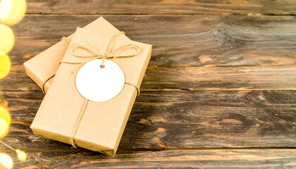 Two kraft paper gift boxes rest on a rustic wooden surface, adorned with a simple white tag and twine.