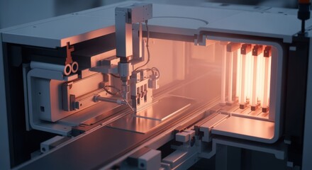 Crosssectional view of interconnect coating process inside a controlled atmosphere furnace for solidoxide fuel cell production.