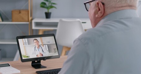 Doctor online. Sick senior man listening recommendations and appointment having online video call with female friendly doctor using tablet home. Telemedicine and patient consultation online concept. - Powered by Adobe