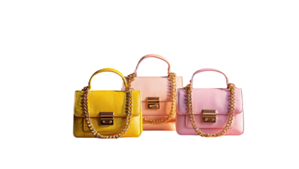 Three small, structured handbags in vibrant colors, likely leather