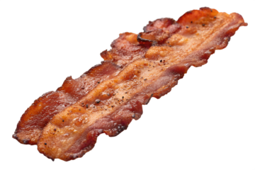 Isolated crispy bacon strip with pepper flakes on transparent background
