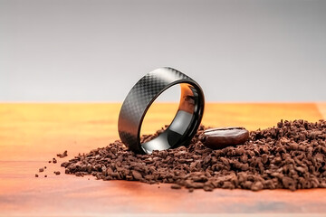 A carbon fiber ring resting on ground coffee with a single coffee bean on a wooden surface top view