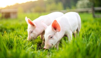 Two adorable piglets forage in a lush green meadow, bathed in the warm glow of the setting sun.