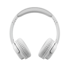 A sleek white over ear audio accessory with plush earcups and a padded headband isolated on transparent background