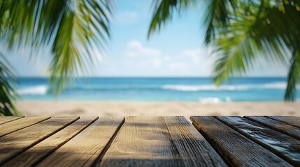 Wooden Table with Tropical Beach and Ocean View image photo