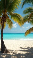 Fototapeta premium Tropical beach in Mexico with palm trees and white sand. Turquoise ocean water under a clear blue sky with scattered clouds. Bright summer day perfect for vacation and relaxation.