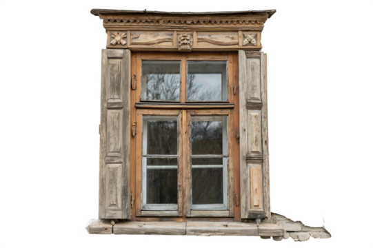 Isolated vintage wooden window with carved frame on transparent background