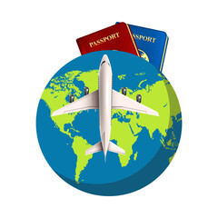 Airplane flying over globe with passports isolated on transparent background