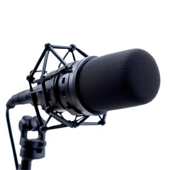 Professional studio condenser microphone with shock mount and pop filter on a dark background isolated on transparent background