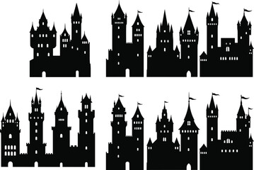 Obraz premium Castle silhouettes set, various architectural styles with towers and turrets, vector illustration, isolated design, medieval fortress icons, fantasy building elements, historic landmark shapes