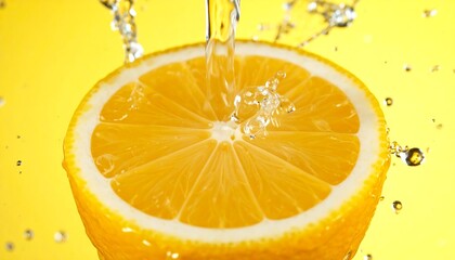 A vibrant citrus slice is artfully illuminated by splashing water droplets against a bright yellow backdrop.