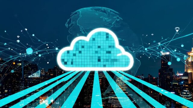 Futuristic cloud computing concept connecting a digital cityscape network illustration - Powered by Adobe