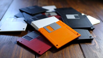 Pile of floppy disks on wood