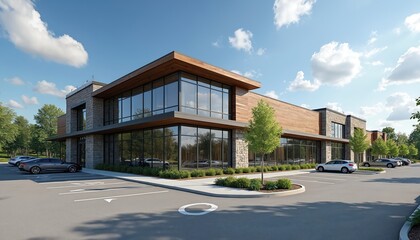 Obraz premium Modern commercial building exterior with stone, brick, wood facade. Features large glass windows, ample parking lot, landscaping. Contemporary architecture designed for retail, business, office use.