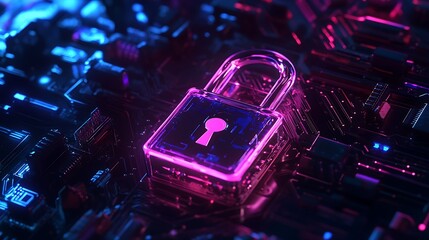 Glowing Padlock on a Circuit Board with Neon Blue and Pink Lights security technology photo