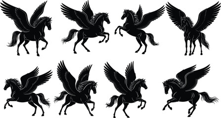 Pegasus silhouettes set in various poses, flying and standing, vector illustration, isolated design, mythical winged horse icons, fantasy creature elements, legend symbols