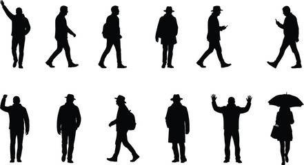 People silhouettes set in various poses and activities, vector illustration, isolated design, human figure icons, lifestyle elements, walking, standing, waving, phone use