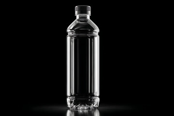Sleek, transparent plastic water bottle with a black cap, showcased against a dark backdrop, perfect for beverage advertising and product mockups.