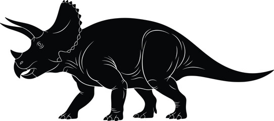 Black silhouette Triceratops dinosaur with three horns, large frill, prehistoric animal illustration, Jurassic wildlife, vector graphic, isolated design, ancient creature profile, fossil era ©  Creative Crafter