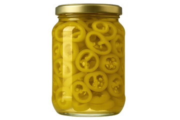 Glass Jar Filled with Sliced Pickled Banana Peppers on Transparent Background