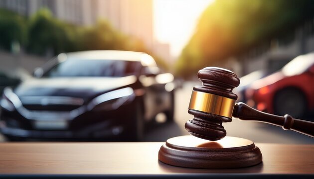 judge s gavel striking sound block with blurry car in background symbolizing vehicle auction or confiscation