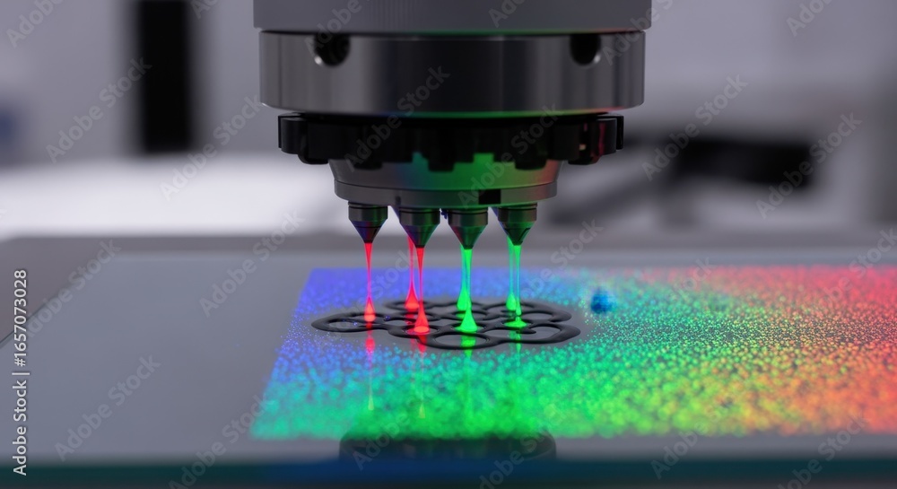 Poster macro shot of inkjet nozzles ejecting specialized quantumdot ink to create ultrahighdefinition displ