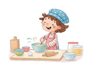 Happy young girl baking in the kitchen on transparent background