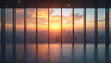 Modern building interior offers expansive city sunset view through floor to ceiling windows. Geometric lines, clean space, illuminated skyline, twilight glow from urban skyscrapers. Sunlight reflects