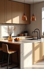 Modern kitchen renovation features warm wood cabinetry, marble countertops, stylish amber pendant lights. Sleek black faucet complements deep sink, fruit bowl, dried florals add natural accents to