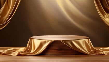 luxurious wooden podium displaying fluid golden fabric for product presentation and promotion