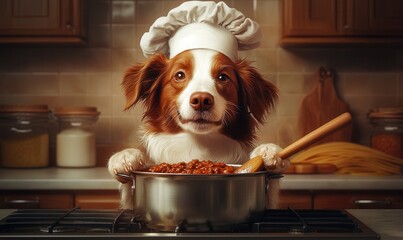 Border Collie Chef Expertly Stirs Simmering Spaghetti Bolognese Sauce in a Bright Kitchen
