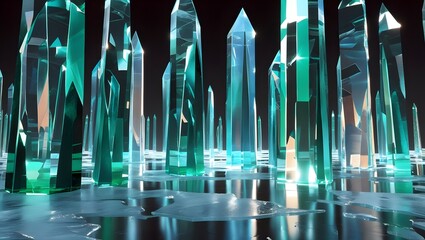 Rendered Teal Crystal Structures on Reflective Surface Abstract Background