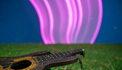 Miniature guitar in grass with vibrant light streaks