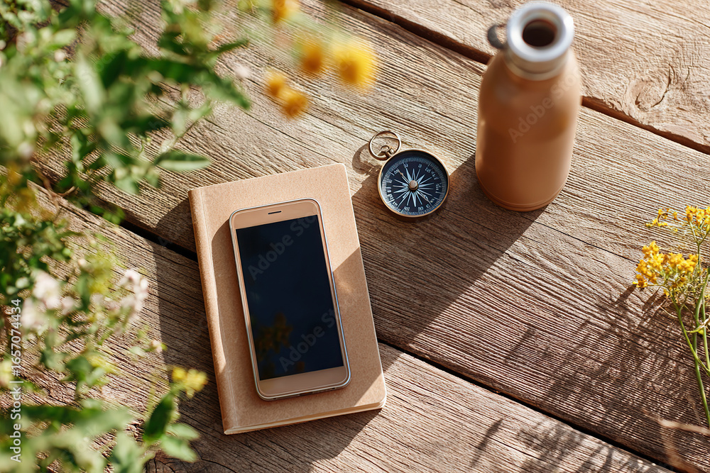 Poster notebook and smartphone on rustic wooden surface with natural elements during daylight hours