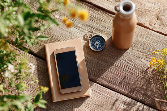 Notebook and smartphone on rustic wooden surface with natural elements during daylight hours