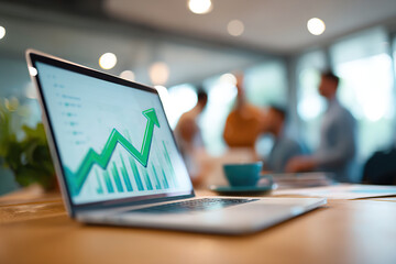 Close-up of laptop displaying growth chart in modern office during collaborative meeting