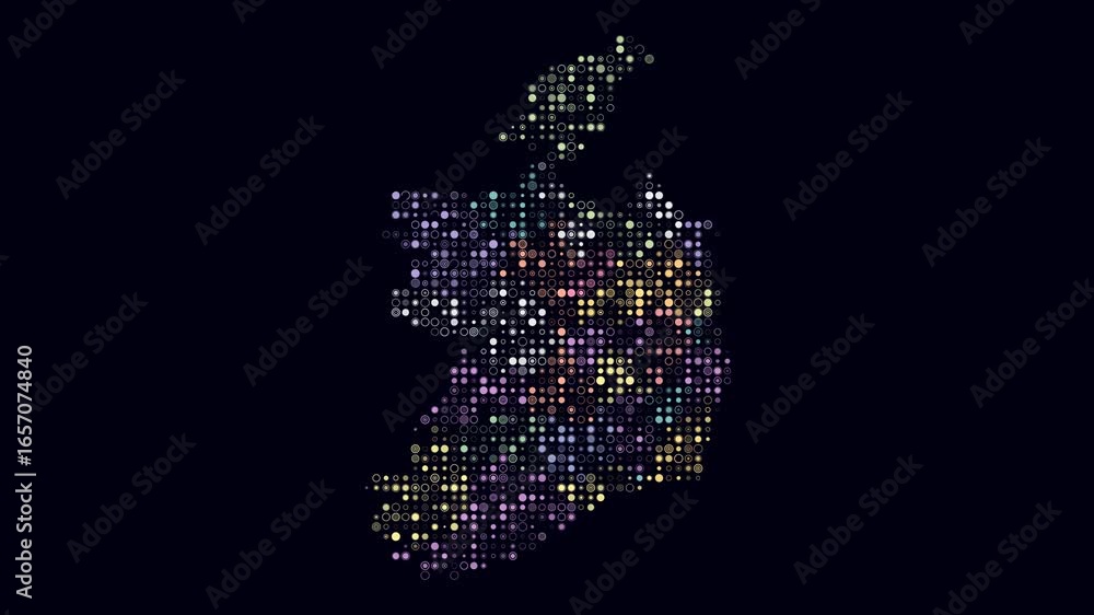 Poster ireland map animation. shape of the country with pulsating colored dots. small size circle blocks. d
