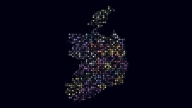 Ireland map animation. Shape of the country with pulsating colored dots. Small size circle blocks. Digital style Ireland map on dark background. Vibrant video.