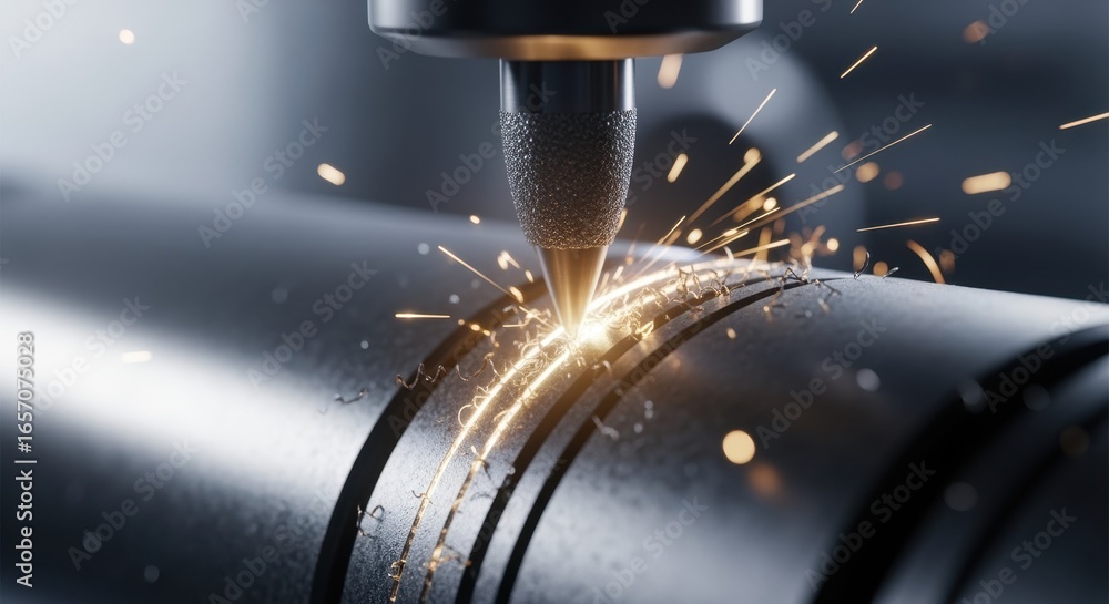 Poster closeup of a diamondcoated cutting tool carving intricate grooves into a railgun projectile sabot co