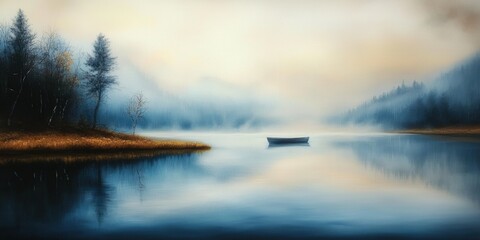 Fototapeta premium Foggy Lake Landscape With a Boat and Trees at a Tranquil Northern Location