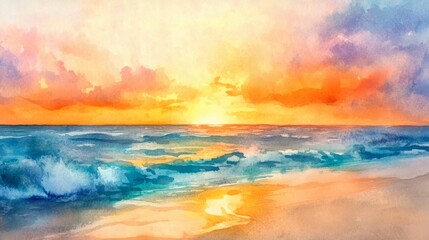 beautiful landscape with a sunset on the beach painted in watercolor generative ai