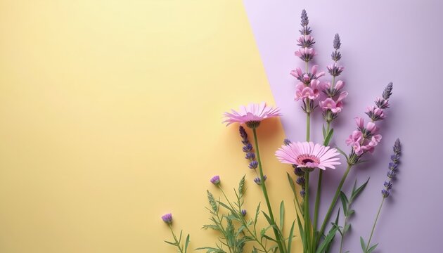 Pastel pink gerbera daisies, lavender sprigs arranged on split yellow, purple background. Delicate floral composition offers soft, gentle aesthetic perfect for spring, summer themes, creating