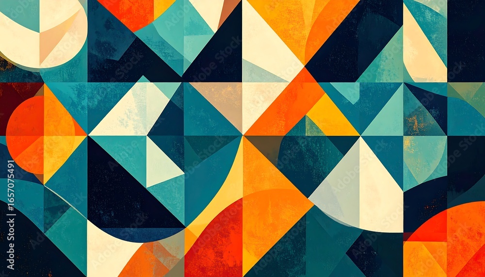Poster a vibrant geometric design composed of overlapping triangles, circles, and curves in a dynamic inter