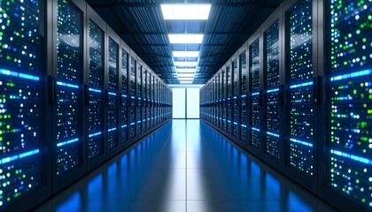 Fototapeta premium A server room interior, showcasing rows of illuminated server cabinets, reflecting on the polished floor, creating a futuristic and technological ambiance.